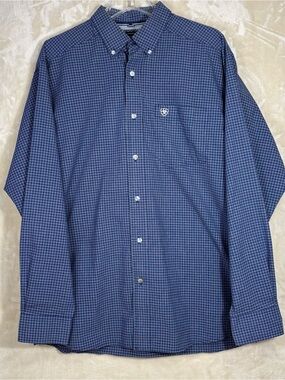 Ariat Pro Mens Western Shirt Blue Plaid Button Down Cotton Polyester Stretch L
